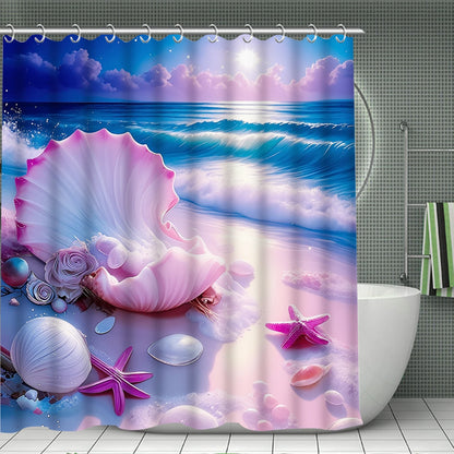 4 Pcs Pink Seashell Beach Shower Curtain Bathroom Set