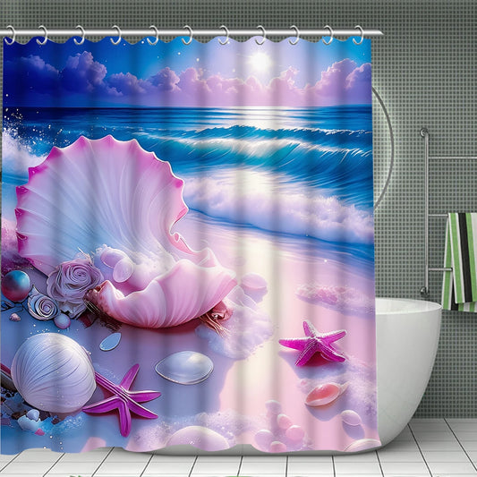 4 Pcs Pink Seashell Beach Shower Curtain Bathroom Set