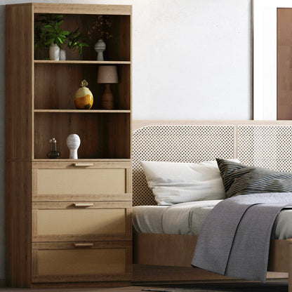 71" Tall Rattan Bookcase with 3 Drawers
