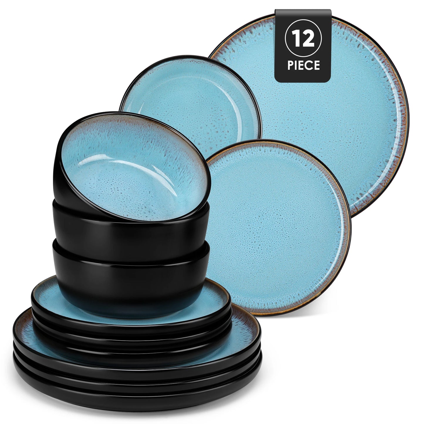 12/16 Piece Matte Black Stoneware Plats Set