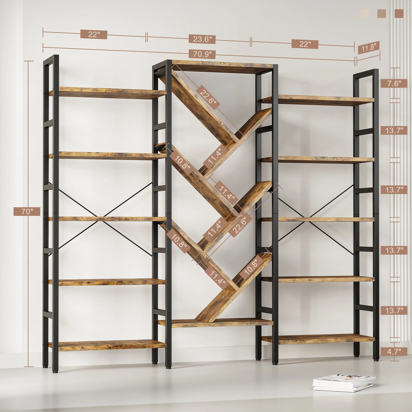 Large Wooden Bookcase with 17 Open Display Shelves