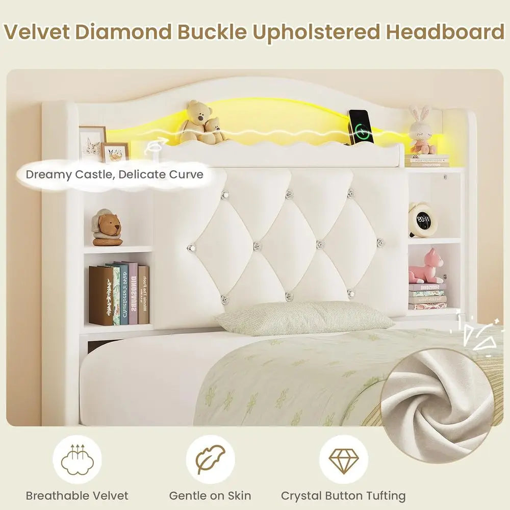Kids Bed with Bookcase Headboard, Storage Drawers & LED Lights