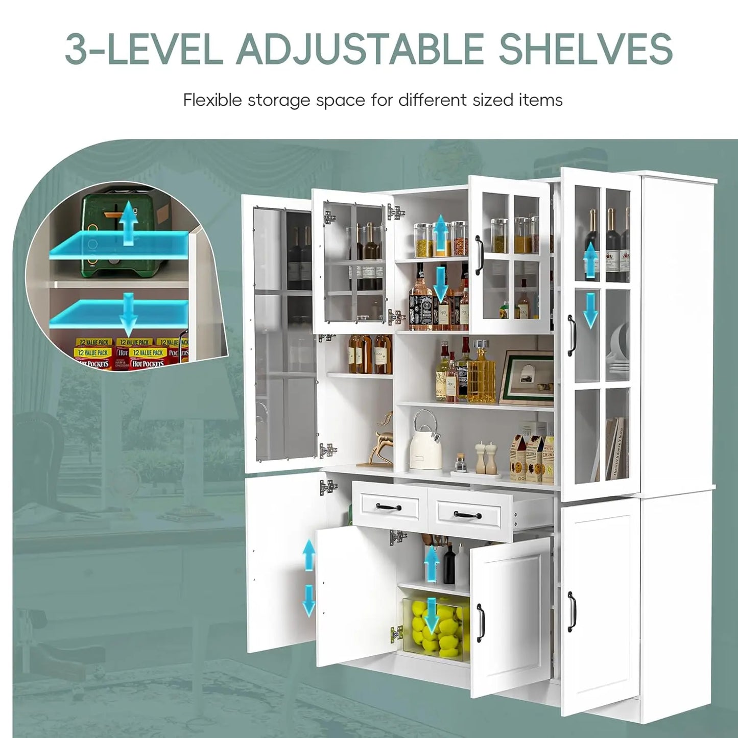 Large China Hutch with 2 Drawers, 5 Adjustable Shelves & Glass Doors