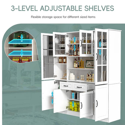 Large China Hutch with 2 Drawers, 5 Adjustable Shelves & Glass Doors
