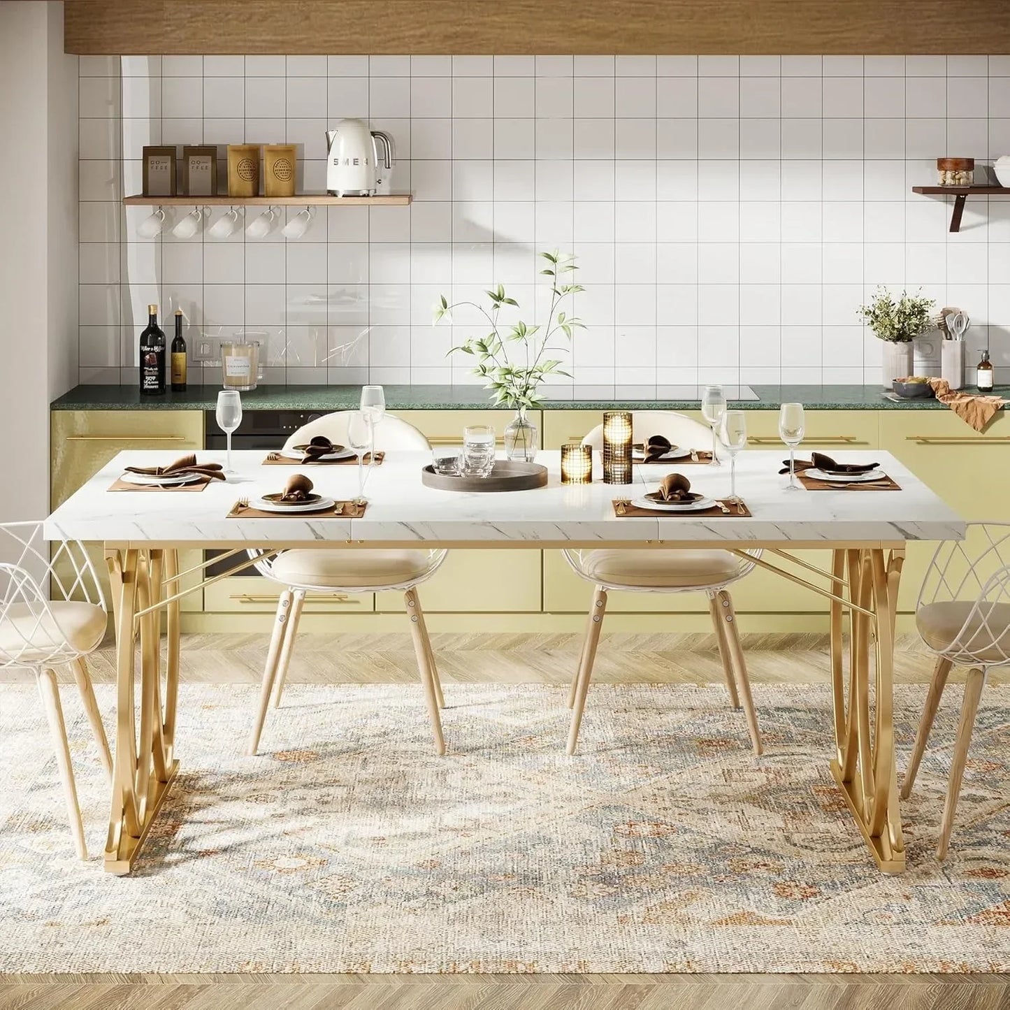 Faux Marble Modern Dining Table with Golden Geometric Legs