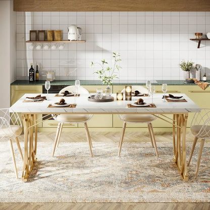 Faux Marble Modern Dining Table with Golden Geometric Legs