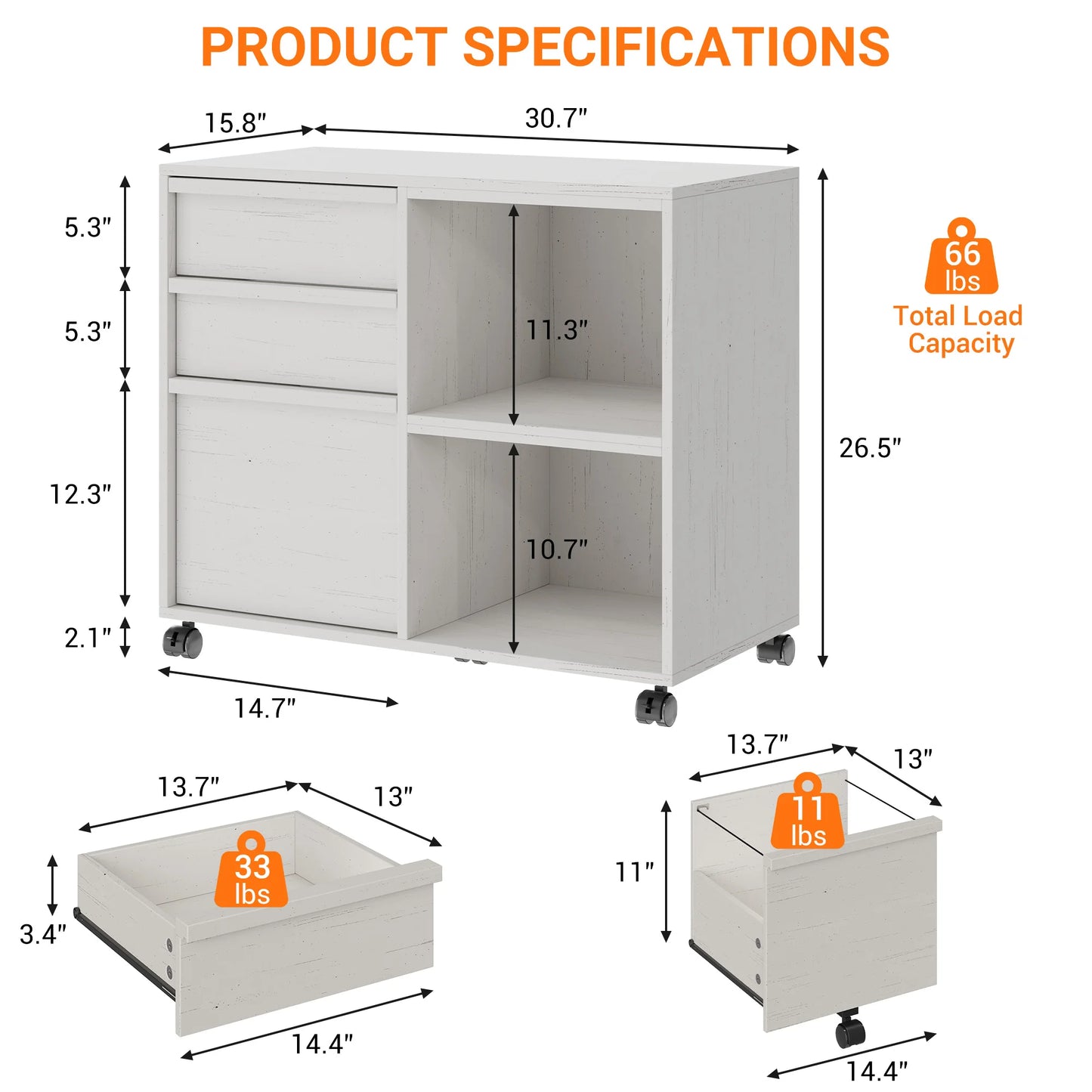 Rolling 3 Drawer Wood File Cabinet with Open Storage Shelves