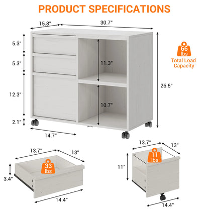 Rolling 3 Drawer Wood File Cabinet with Open Storage Shelves