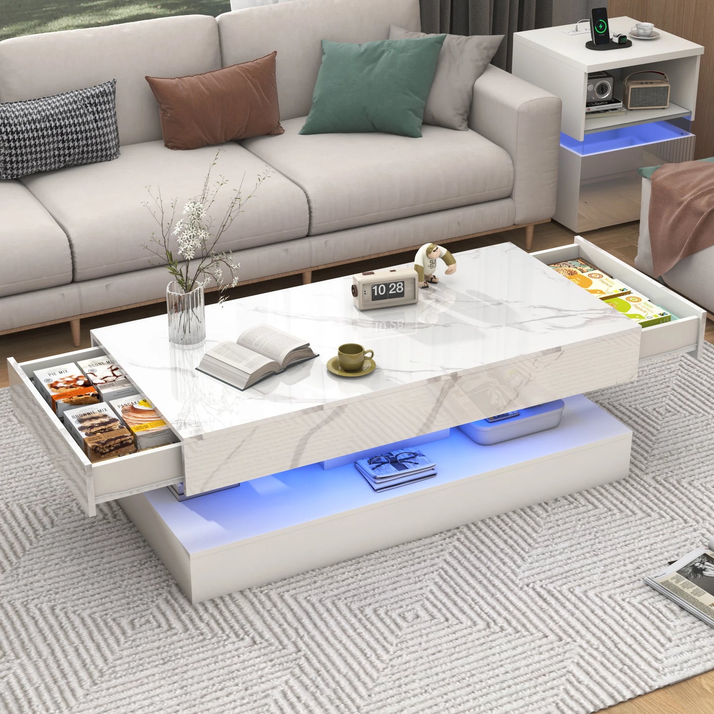 Double-Layer Coffee Table with LED lights & 2 Storage Drawers
