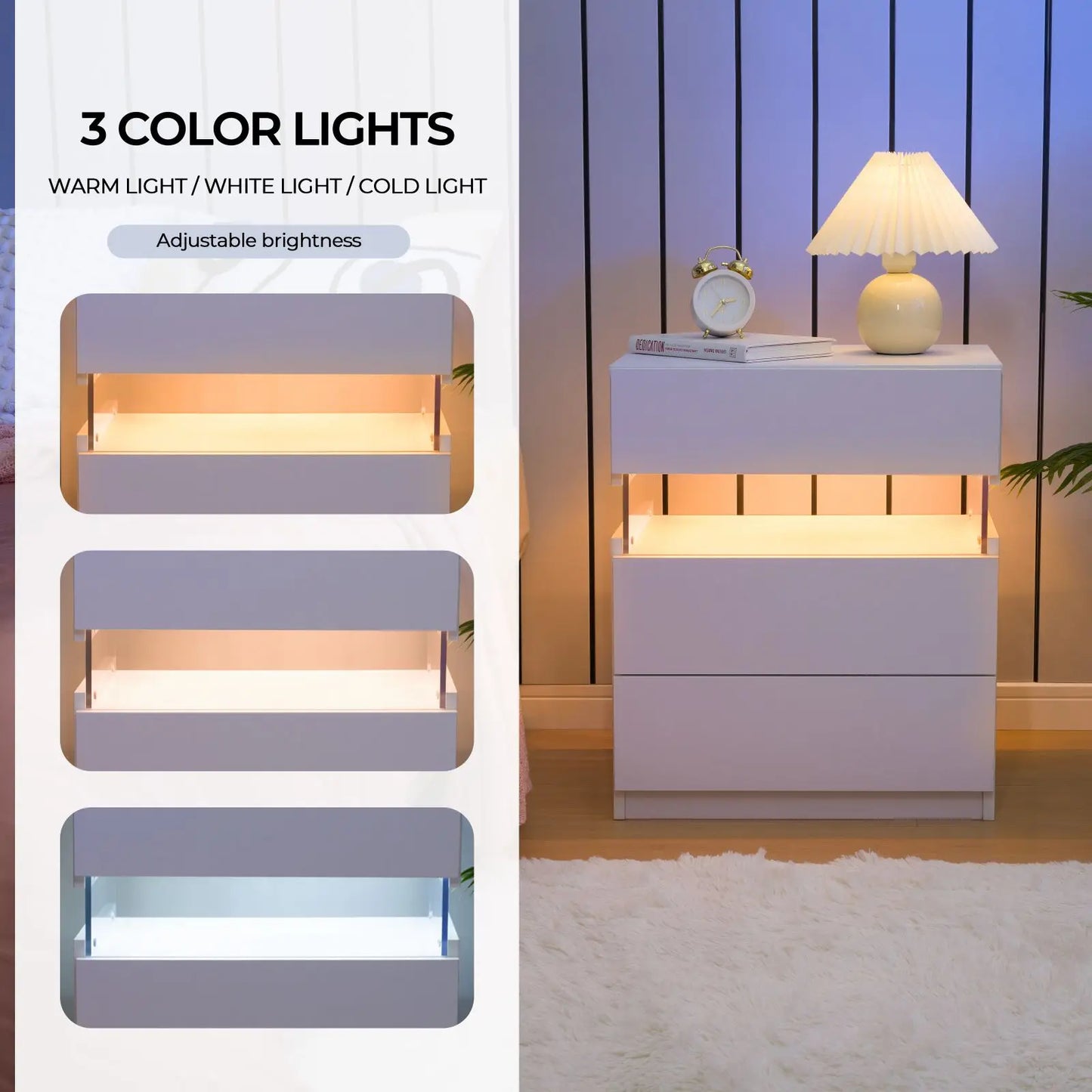 Bedside Tables Set with LED Lighting & 3 Drawers
