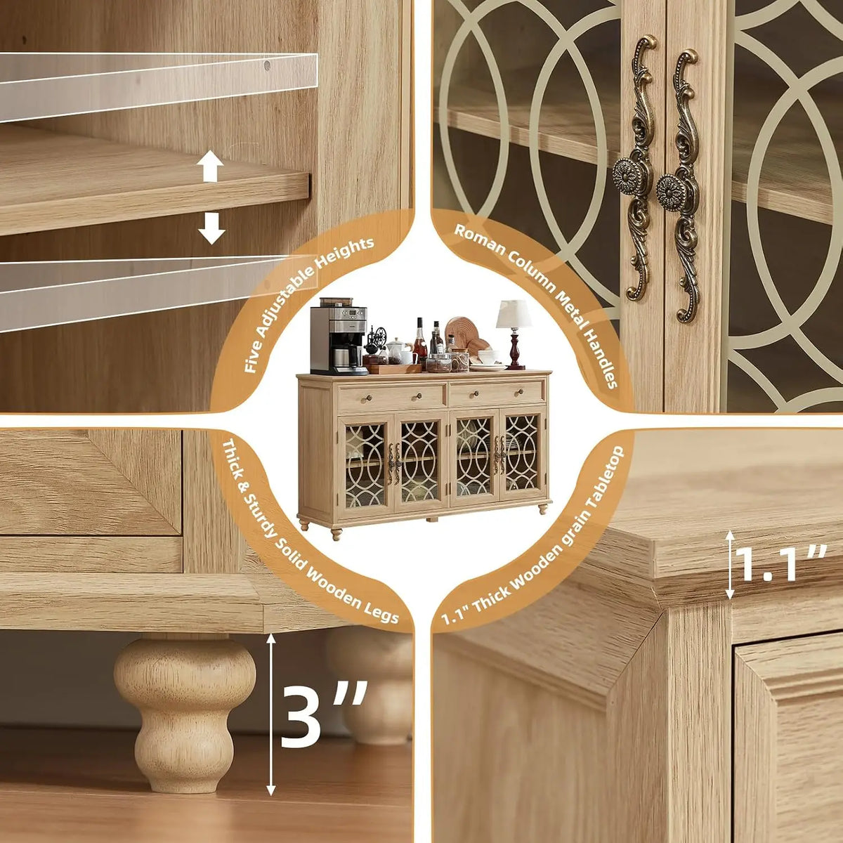 Farmhouse Sideboard Cabinet with Glass Doors