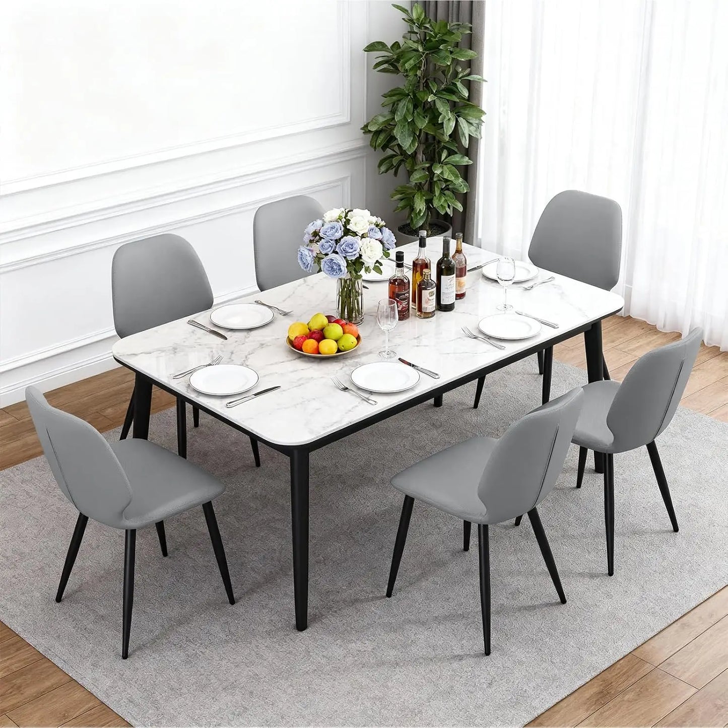 Set of 6, Mid Century Leather Upholstered Chairs with Breathable Seat