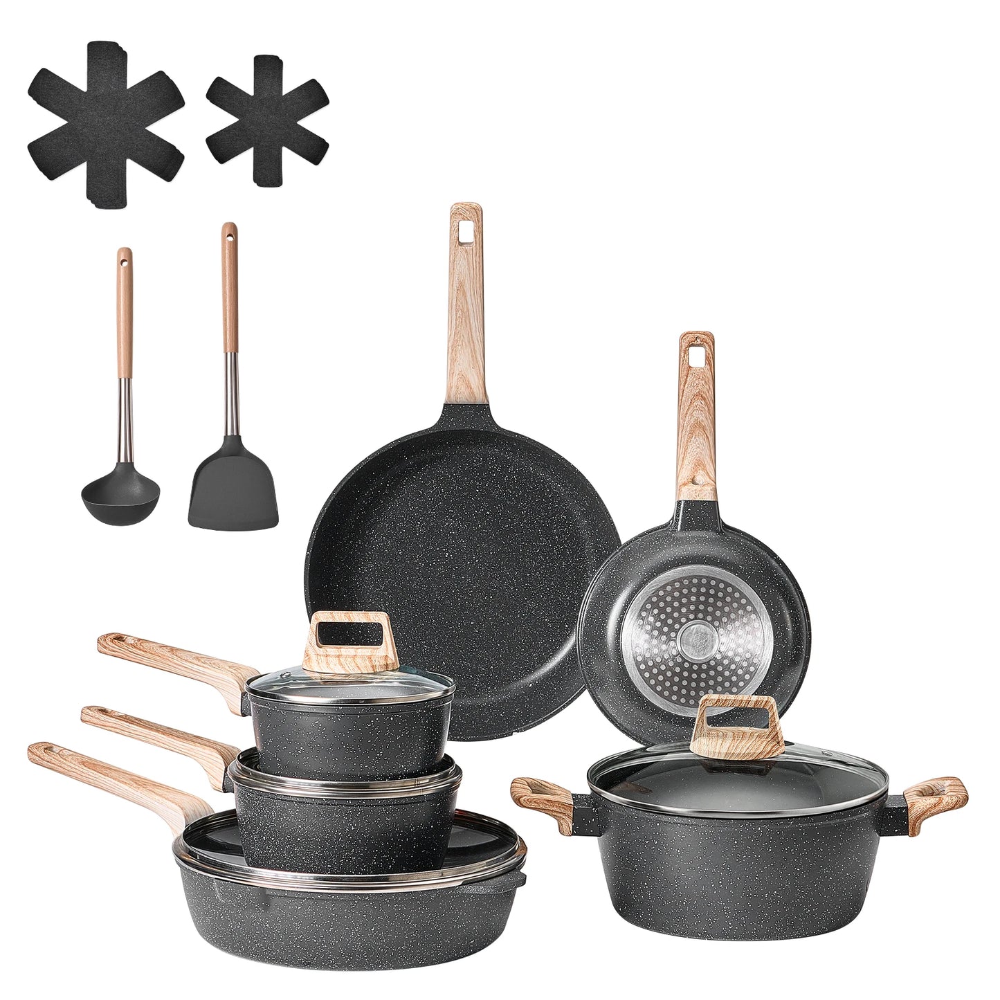 17 Piece Nonstick Cookware Set with Detachable Handle