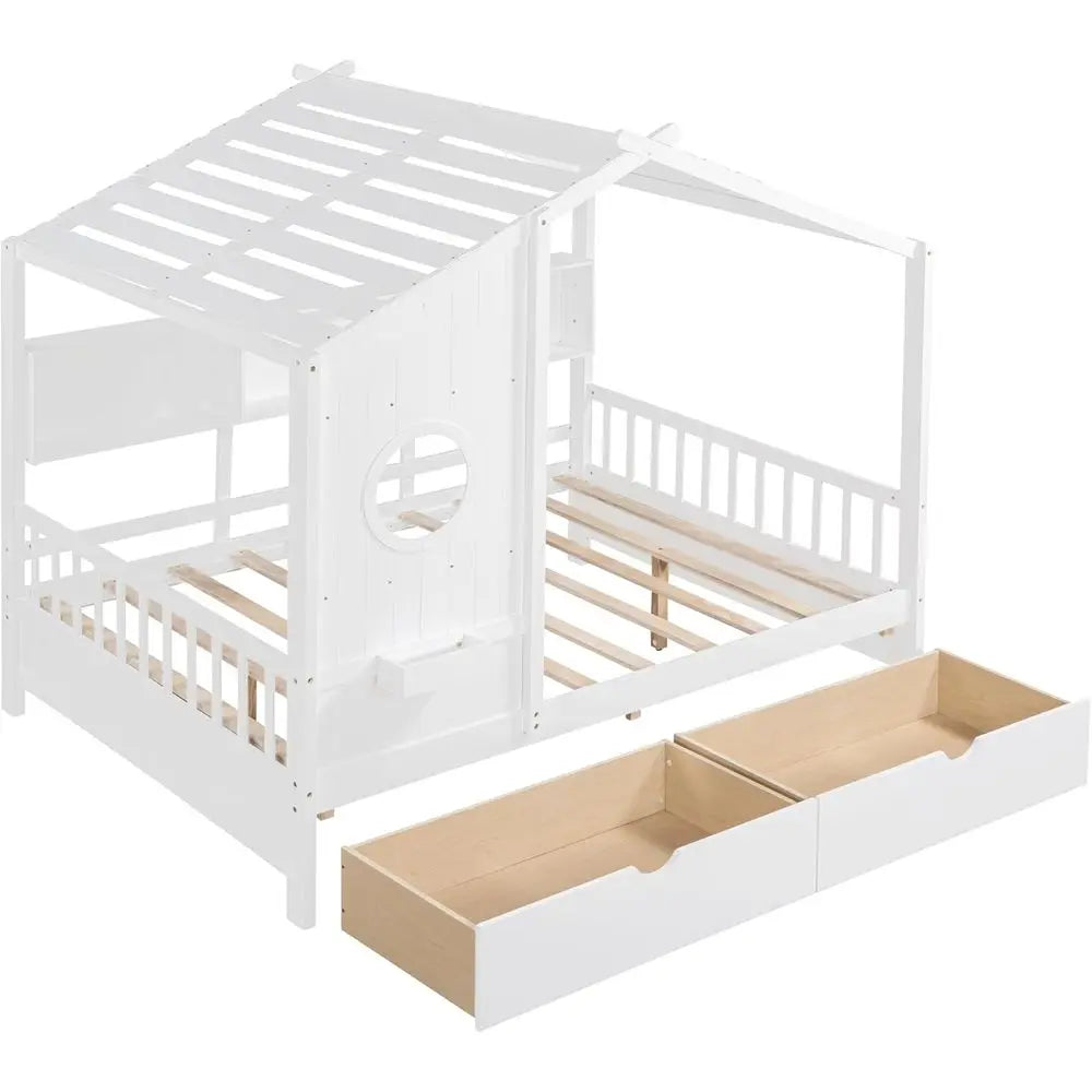 White Wooden Kids House Bed with Storage Drawers and Shelves