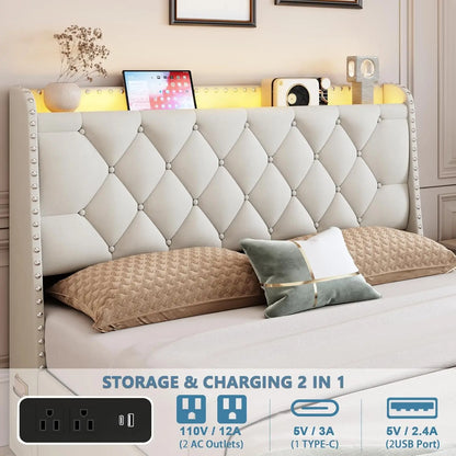Queen Size Upholstered Platform Bed with LED Lights, Charging Station, 4 Drawers & Storage Shelf