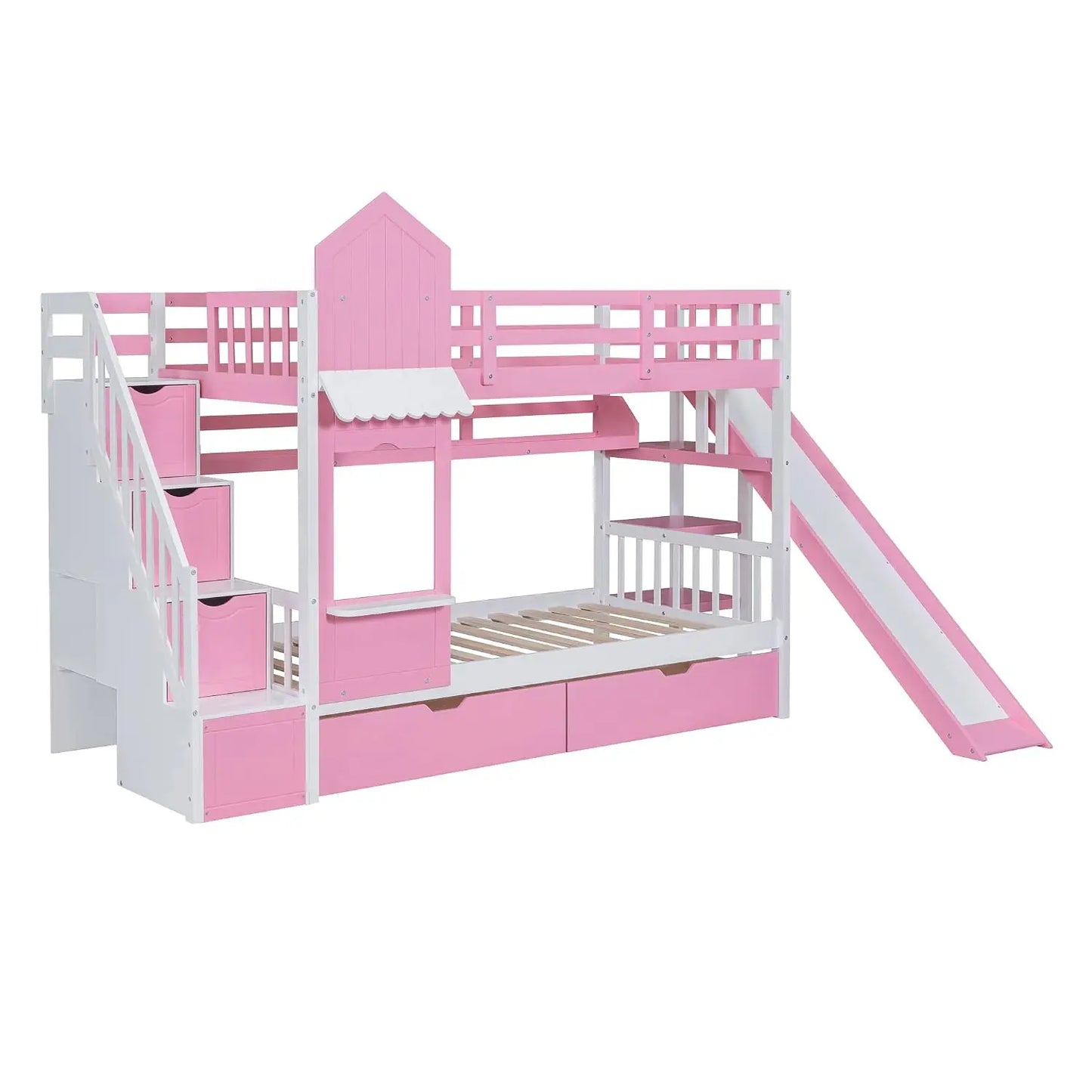 Castle Style Kids Bunk Bed with Stairs and Slide