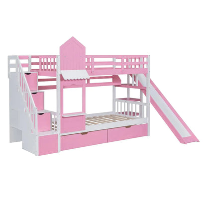 Castle Style Kids Bunk Bed with Stairs and Slide