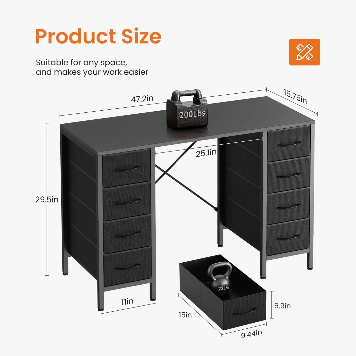 47 Inch Computer Desk with 8 Fabric Drawers