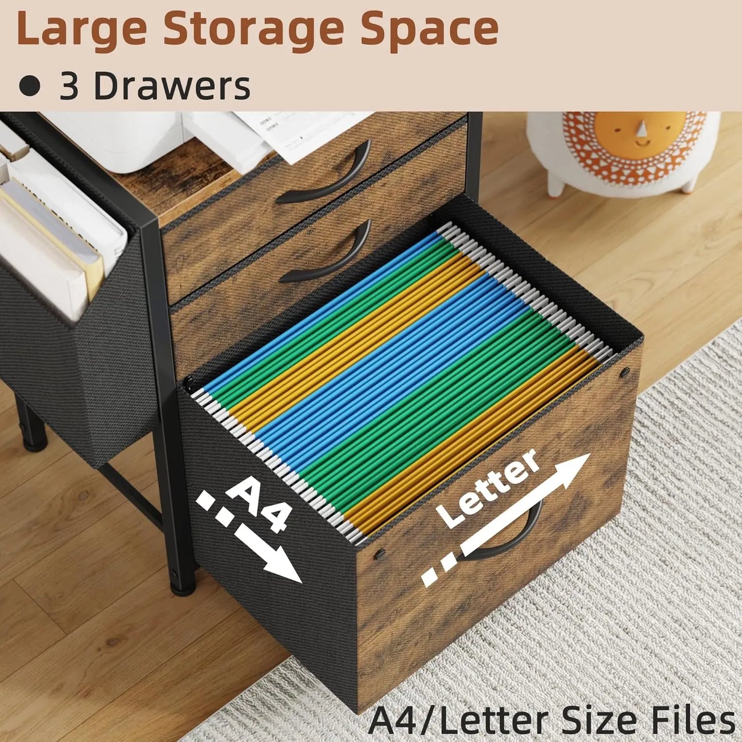 3-Drawer File Cabinet with Charging Station