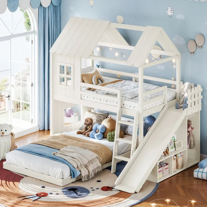 Twin over Full House Bunk Bed with Ladders and Slide