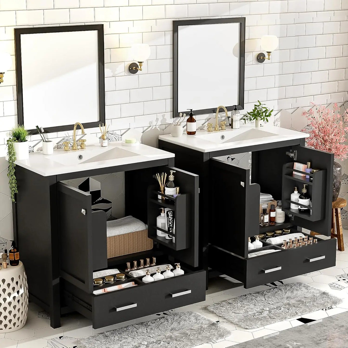 60" Solid Wood Double Sink Bathroom Vanity with Sink Top
