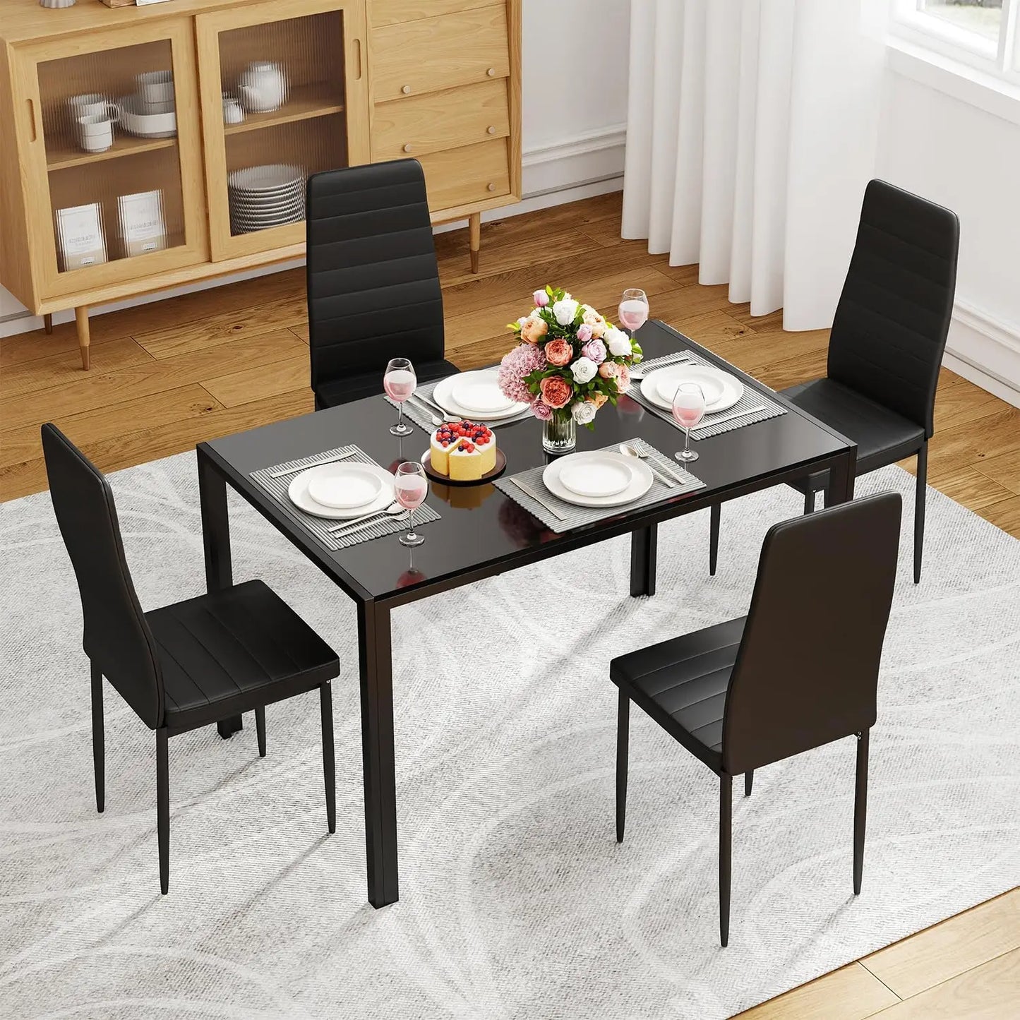 5-Piece Glass Dining Table Set for 4 with Upholstered Chairs