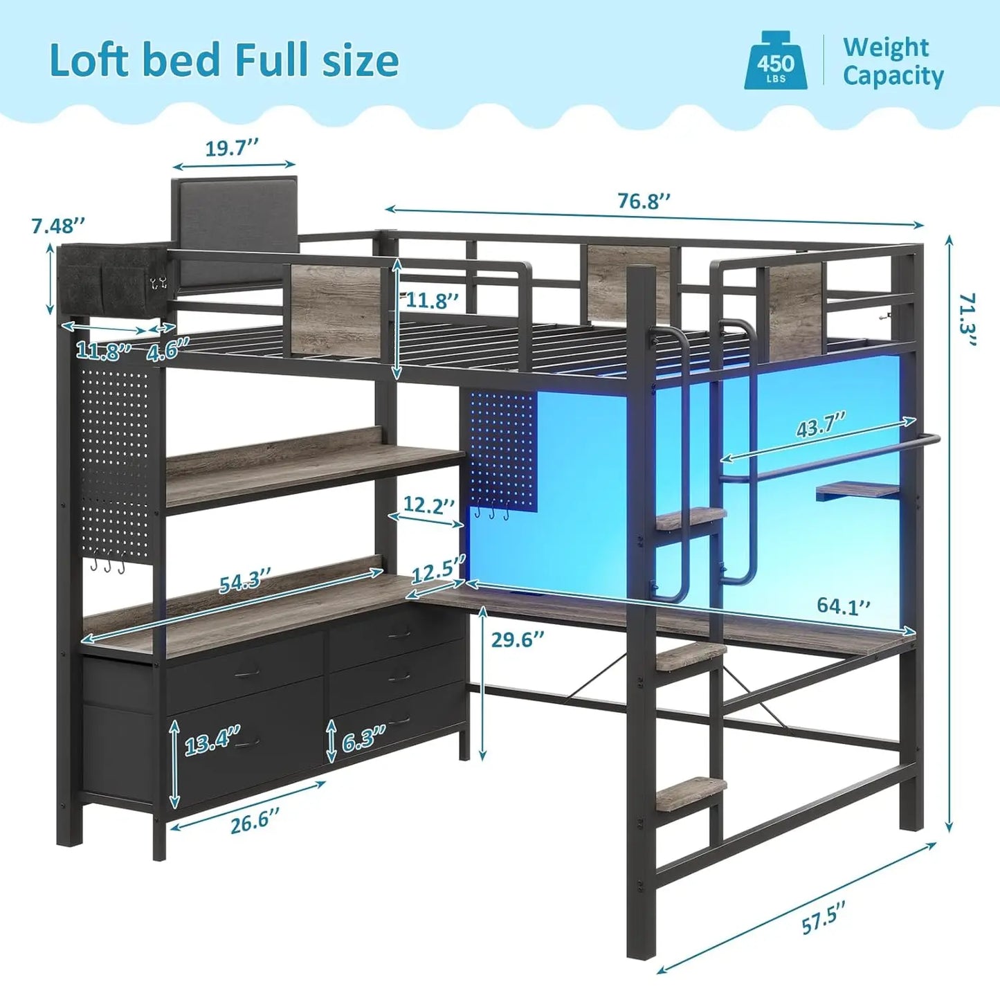 Full Size Loft Bed with Desk, Drawers, Shelves & Charging Station