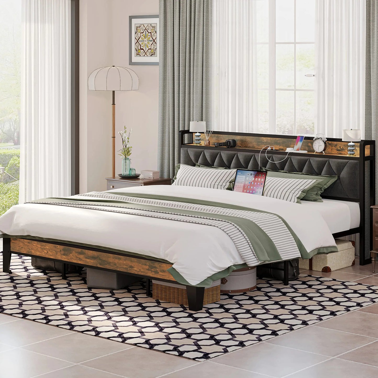 Multi Size Bed Frames with Storage Headboard