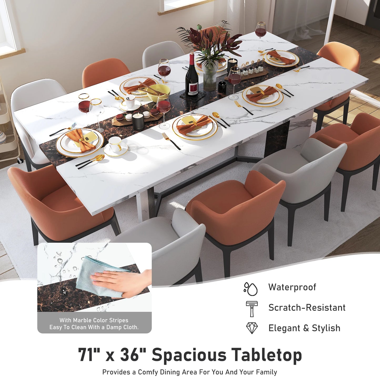 71" Large Rectangular Family Dinner Table with Marble Color, Wood Tabletop & Metal Leg