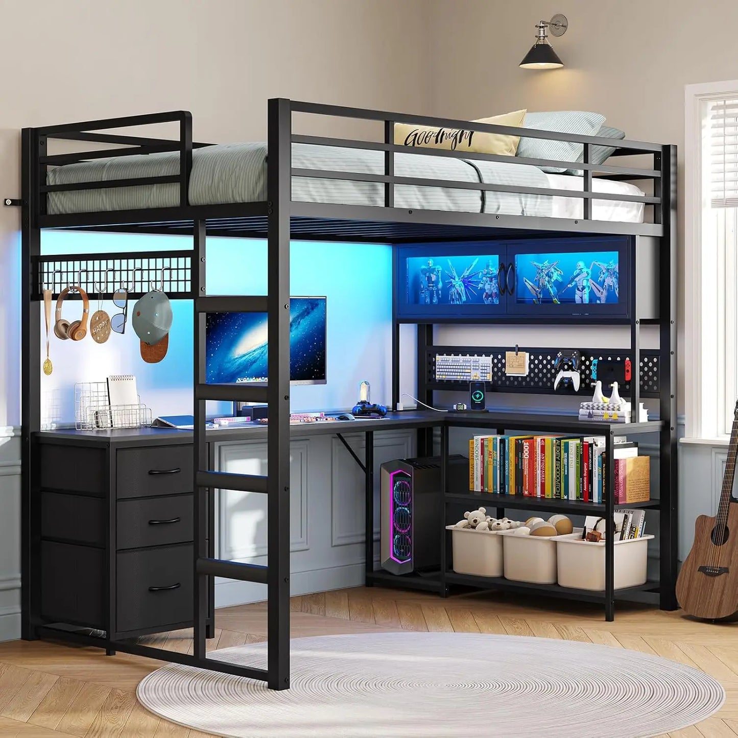Twin Loft Bed L-Shaped Gaming Desk w/ Storage Hutch, RGB Lights