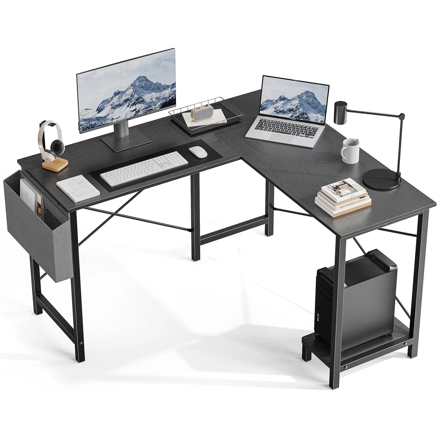 Wooden Corner Table with CPU Storage Shelf & Side Bag