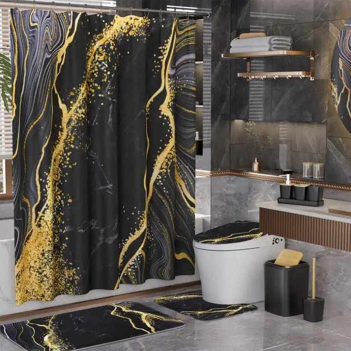Black and Gold Shower Curtain Set with Rugs and Accessories