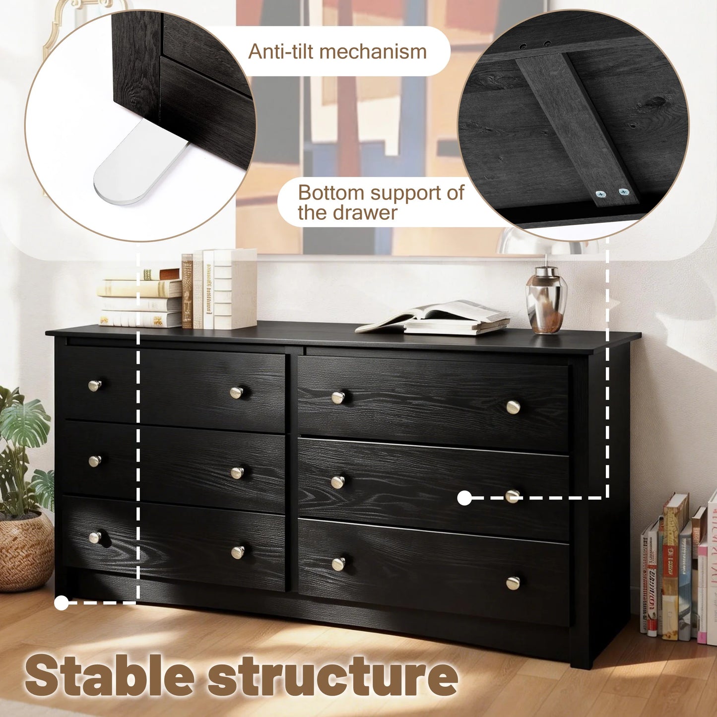 59" Wide Chest of Drawers with 6 Wood Drawers for Storage