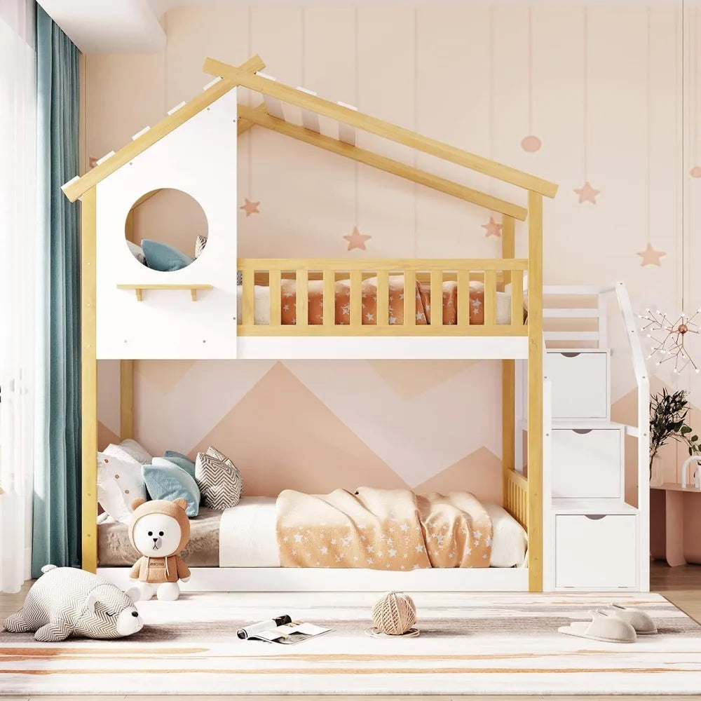 Stairway House Bunk Bed Frame with Storage and Guard Rail