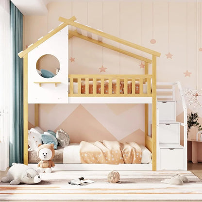 Stairway House Bunk Bed Frame with Storage and Guard Rail