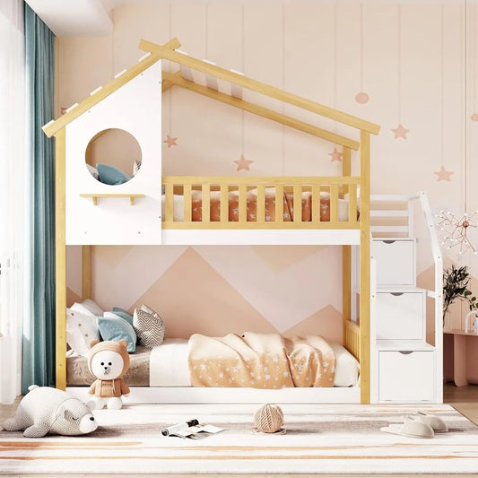 Stairway House Bunk Bed Frame with Storage and Guard Rail