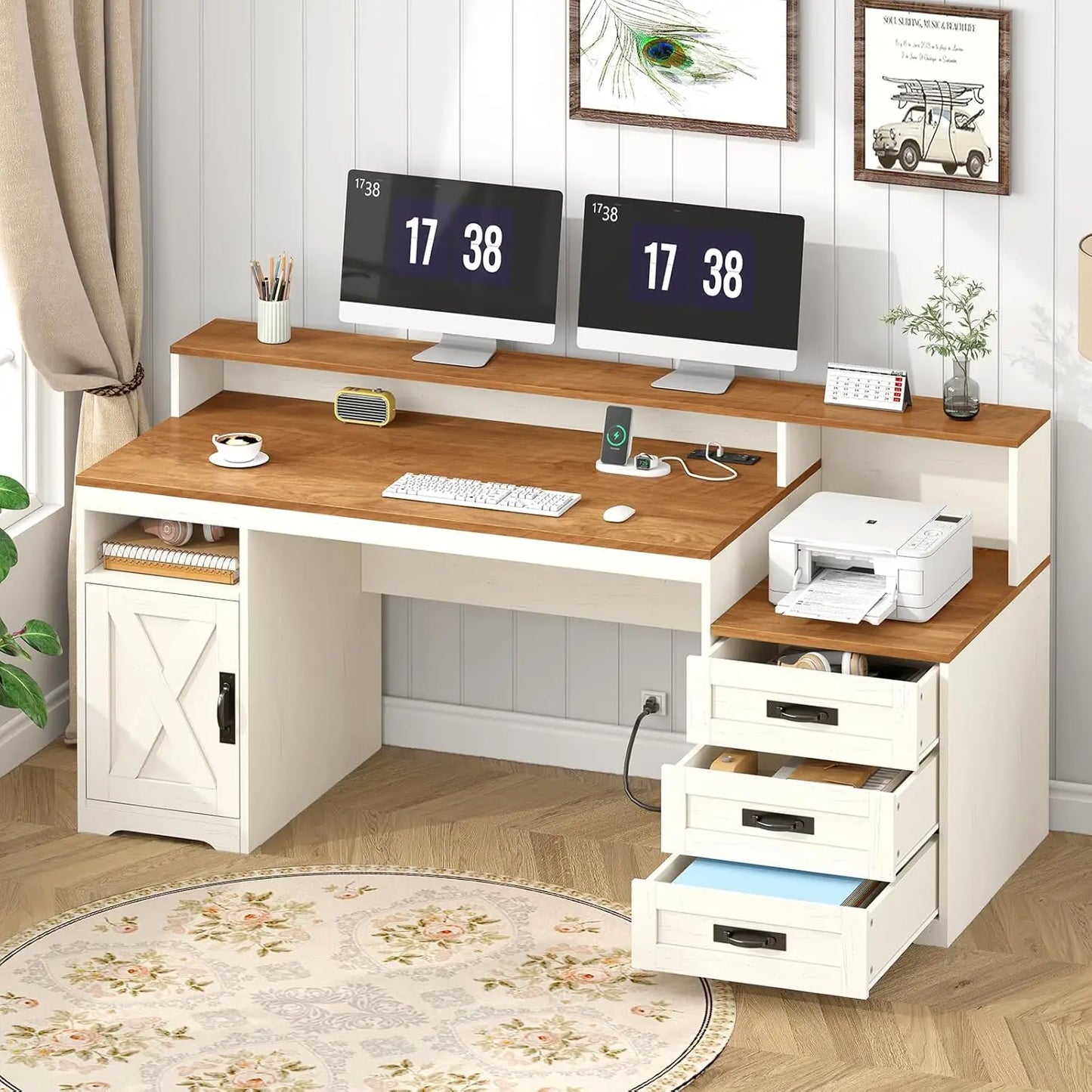 Computer Desk with Power Outlets & Storage Drawers