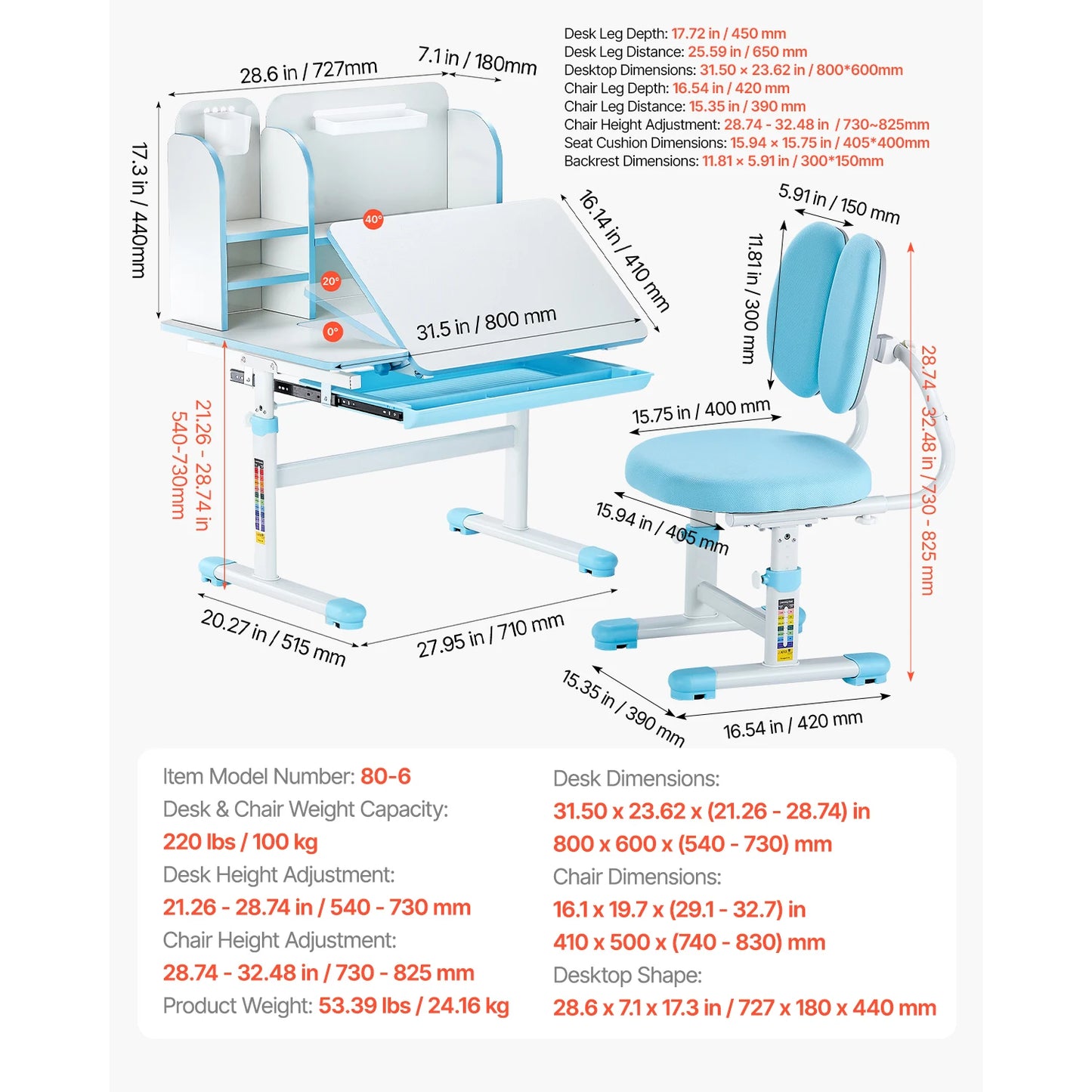 Kids Study Chair and Desk Set with Adjustable Height