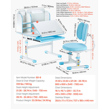 Kids Study Chair and Desk Set with Adjustable Height