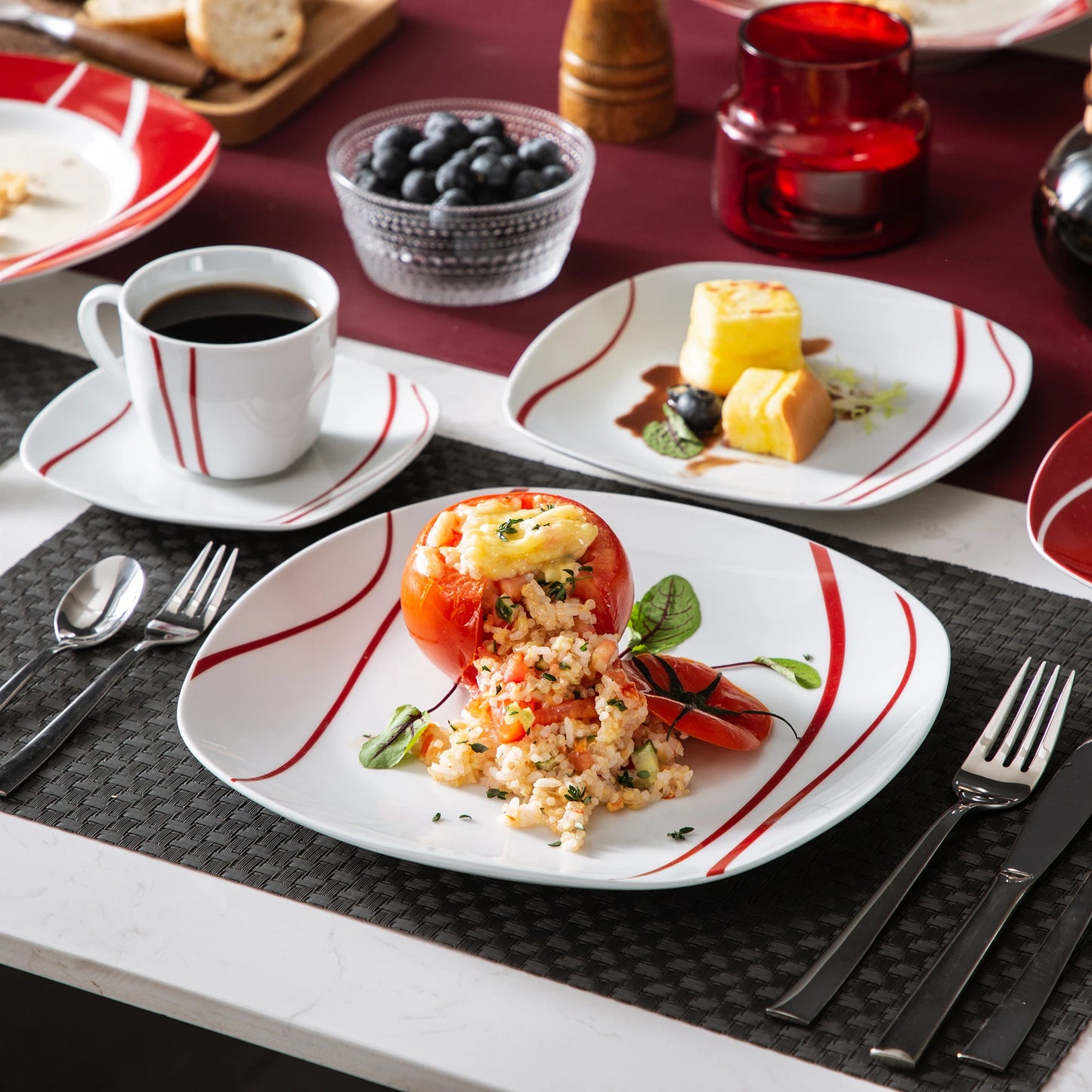 30 Piece Red Stripes Ivory White Porcelain Dinner Set
