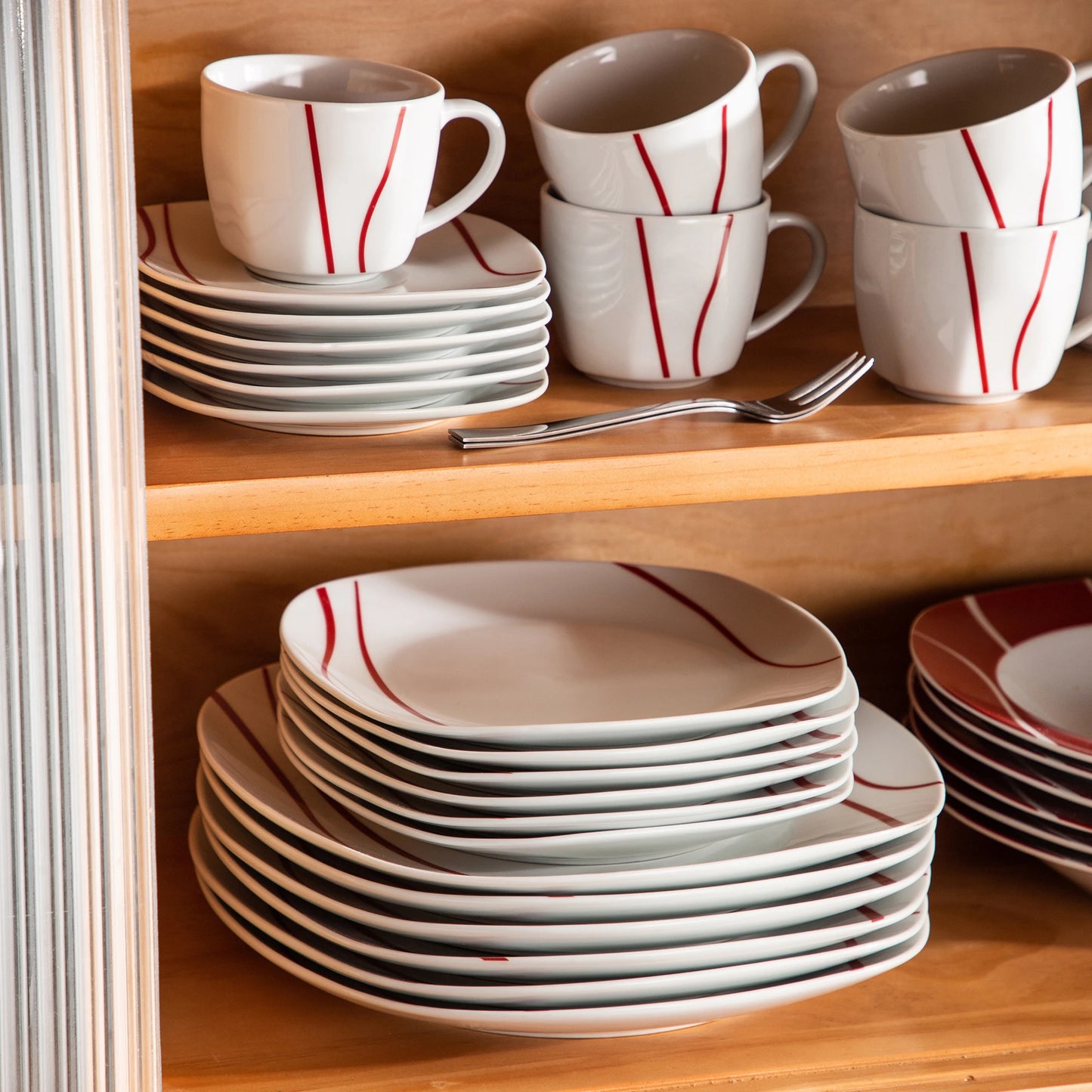 30 Piece Red Stripes Ivory White Porcelain Dinner Set